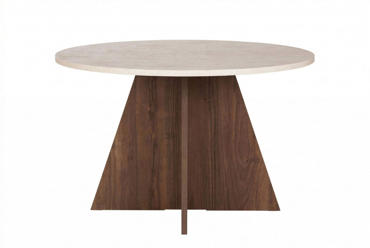 Quadratischer Esstisch mit Tischplatte in Travertin-Optik und Gestell in Venezia-Nussbaum-Farbe, Masse 120 x 120 x 75 cm.