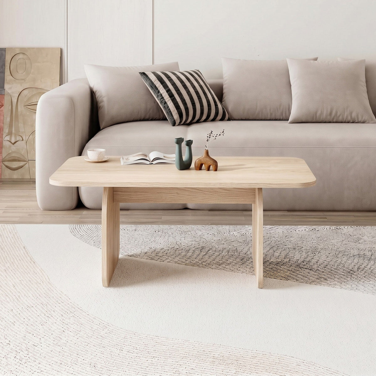 Rechteckiger Couchtisch Pietra in Pusula Eiche von Nordure, melaminbeschichtete Spanplatte, schlankes Design für den Wohnbereich.