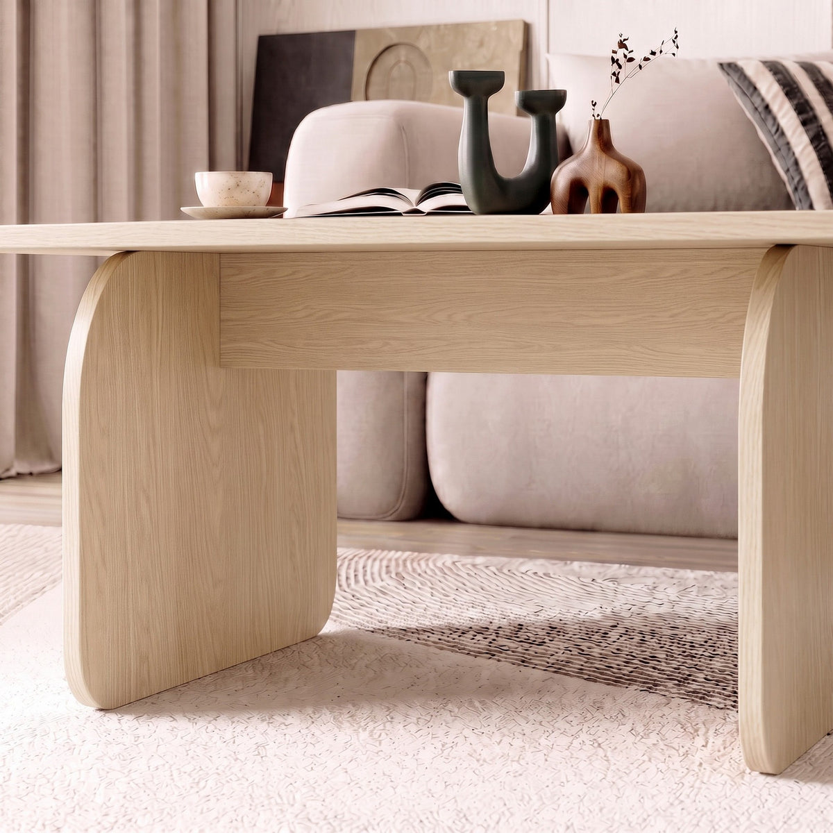 Rechteckiger Couchtisch Pietra in Pusula Eiche von Nordure, melaminbeschichtete Spanplatte, schlankes Design für den Wohnbereich.