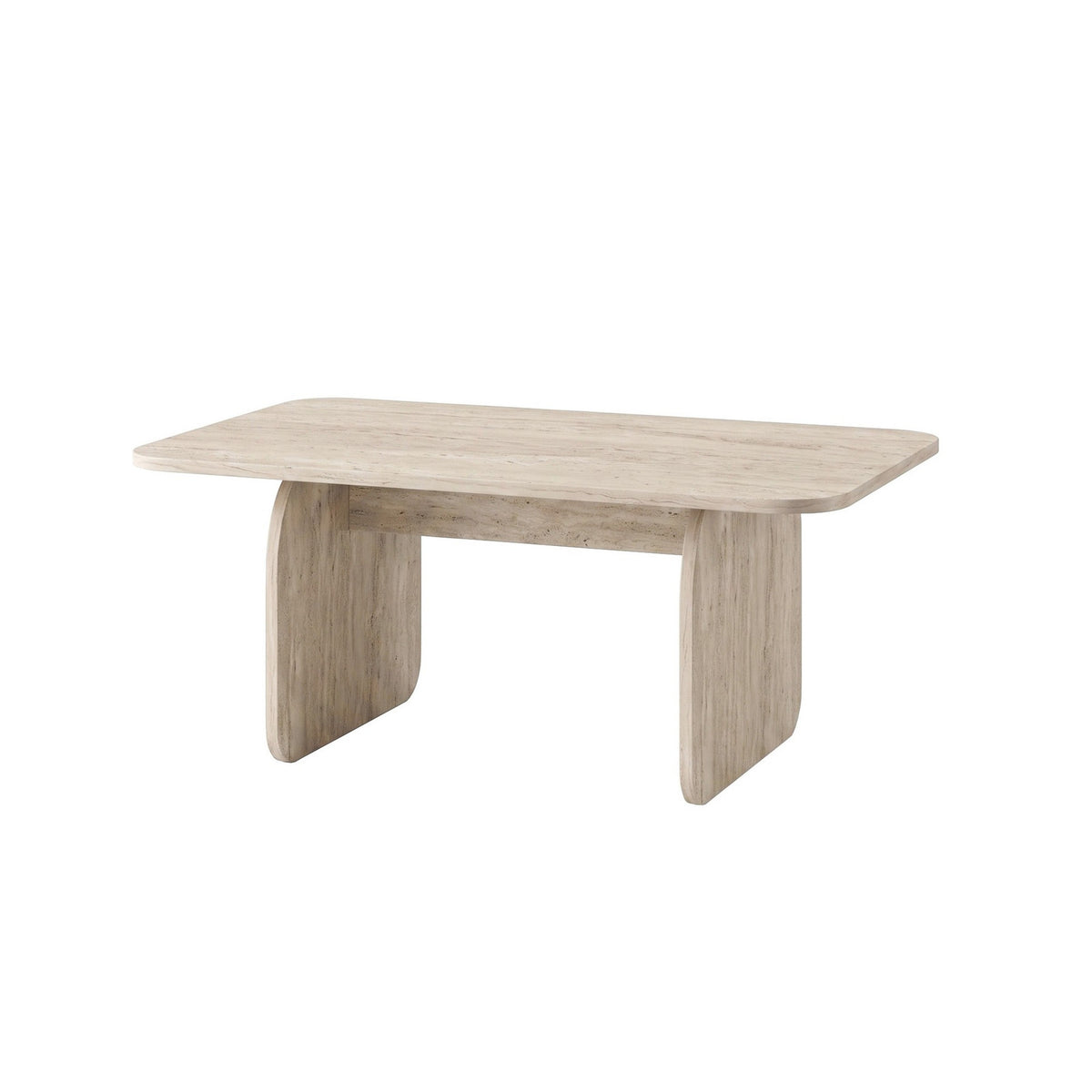 Couchtisch Pietra von Nordure in Travertinfarbe, rechteckige Tischplatte aus melaminbeschichteter Spanplatte, schlichte Form, Frontalansicht.