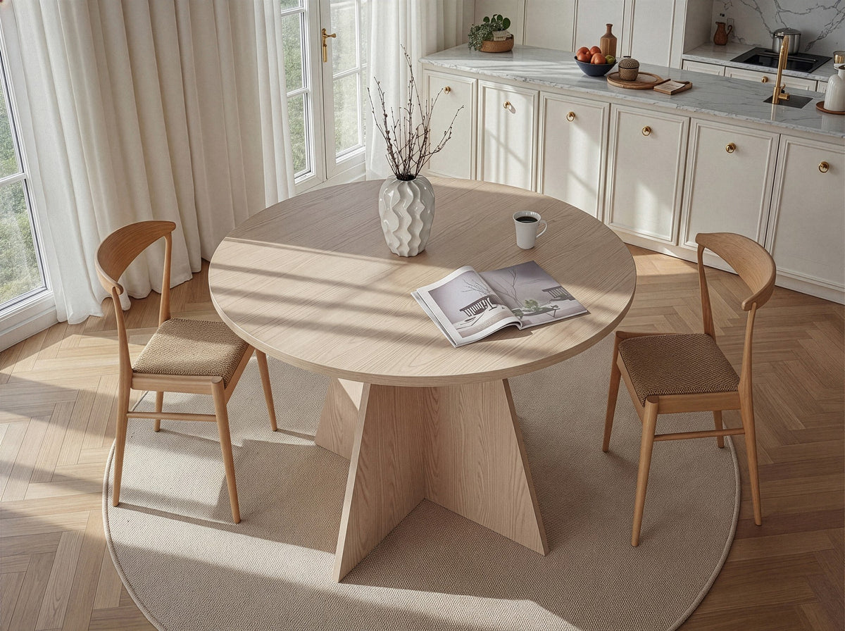 Quadratischer Esstisch Virella in Eiche Pusula-Optik aus melaminbeschichteter Spanplatte, Tischplatte 120x120 cm, Nordure Möbeldesign.