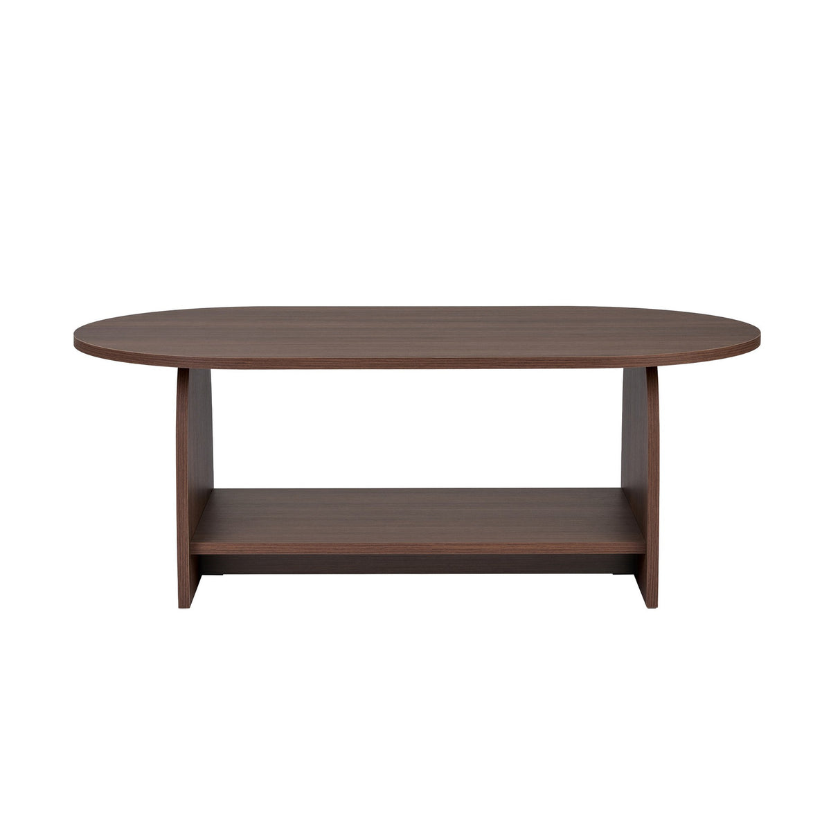 Rechteckiger Couchtisch in Nussbaum-Optik mit schlankem Design, Oberfläche aus melaminbeschichteter Spanplatte, freistehend im Wohnbereich.