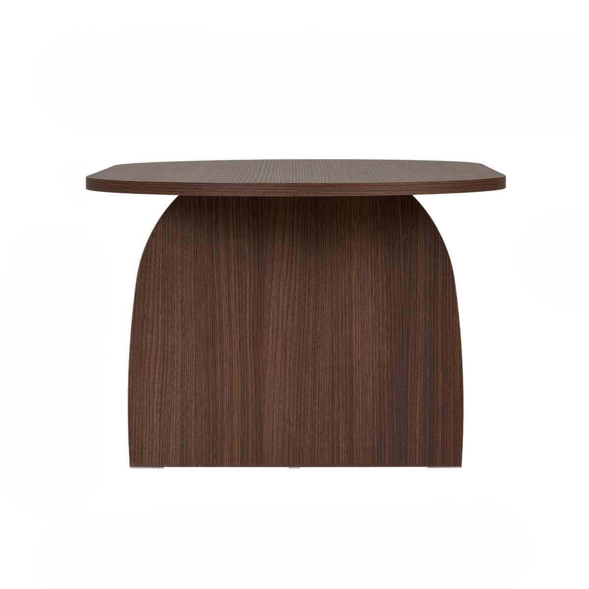 Rechteckiger Couchtisch in Nussbaum-Optik mit schlankem Design, Oberfläche aus melaminbeschichteter Spanplatte, freistehend im Wohnbereich.