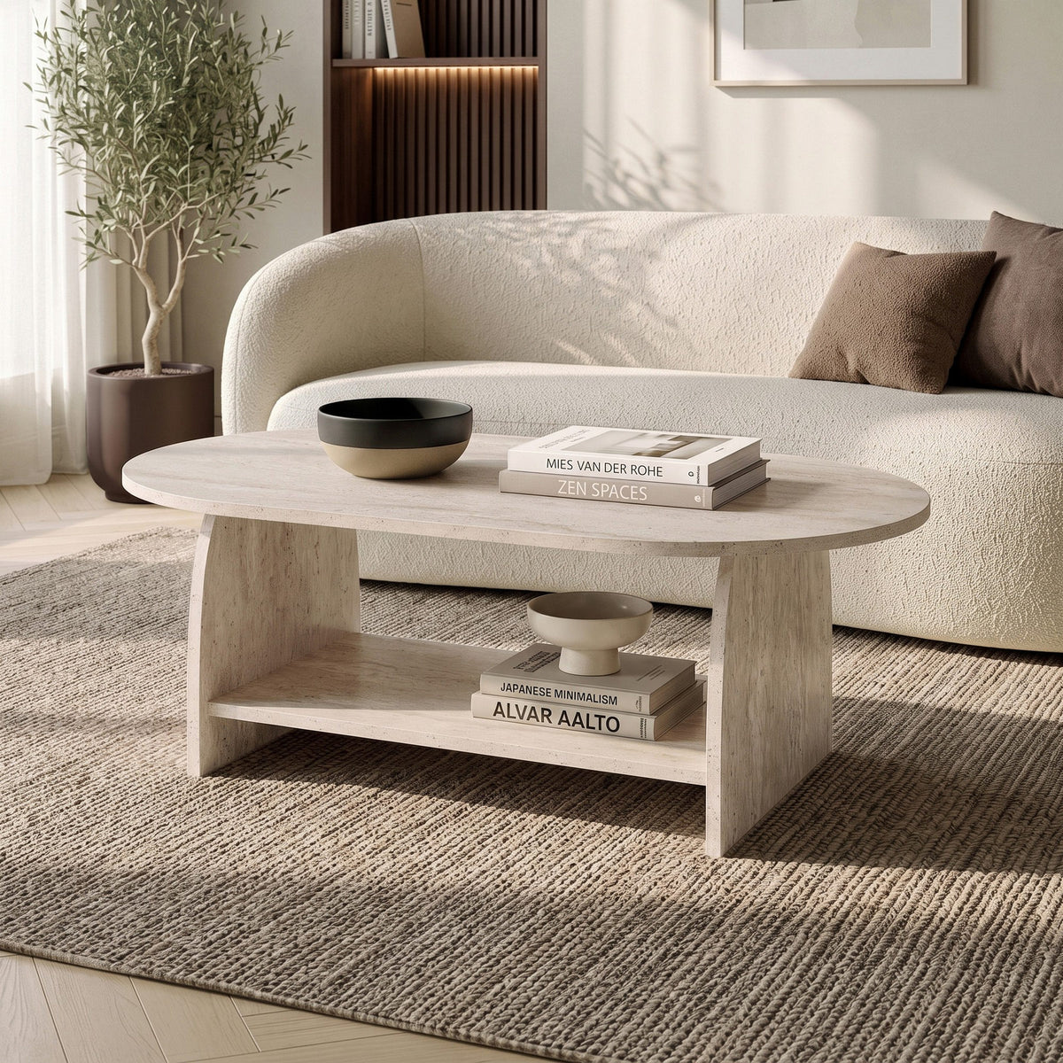 Rafel Couchtisch von Nordure in Travertin-Farbe, rechteckige Form, Material melaminbeschichtete Spanplatte, Masse 110x60x40 cm.