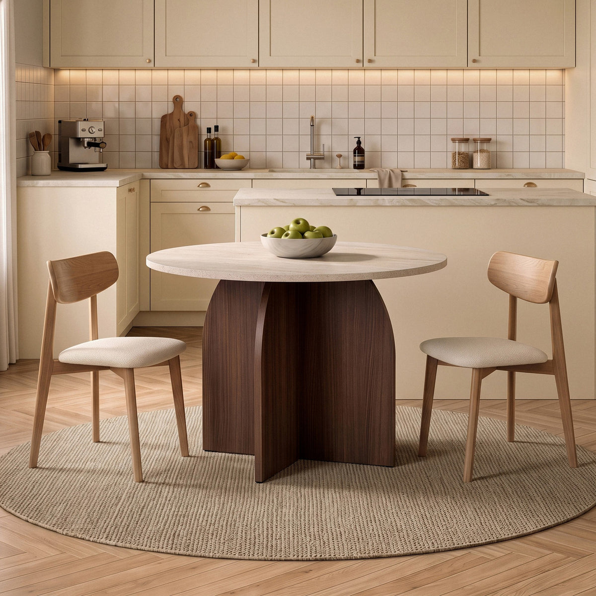 Runder Esstisch Bloom von Nordure in Travertin und Milano-Walnuss, melaminbeschichtete Spanplatte, Masse 110 x 110 x 75 cm.