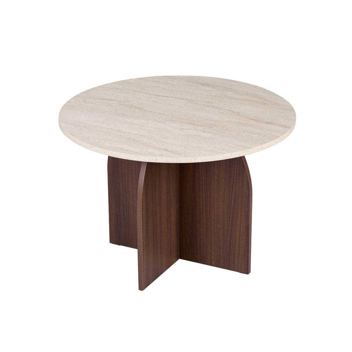 Runder Esstisch Bloom von Nordure in Travertin und Milano-Walnuss, melaminbeschichtete Spanplatte, Masse 110 x 110 x 75 cm.