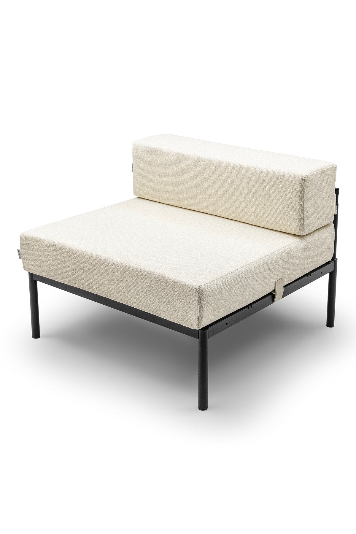 Einzelnes 1-Sitzer-Modul von Hanah Home in Schwarz und Creme, Bouclé-Stoff, Metallgestell mit schwarzen Metallbeinen, quadratische Sitzform.