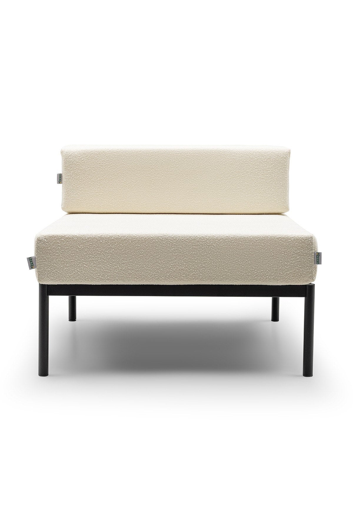 Einzelnes 1-Sitzer-Modul von Hanah Home in Schwarz und Creme, Bouclé-Stoff, Metallgestell mit schwarzen Metallbeinen, quadratische Sitzform.