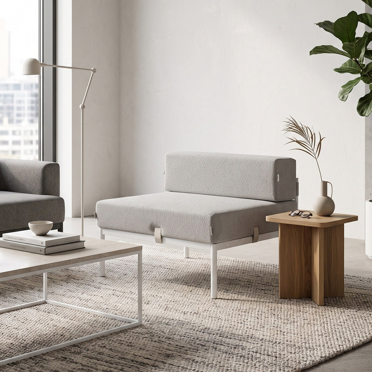 Foto eines 1-Sitzer-Moduls von Hanah Home mit Metallgestell, Metallbeinen und grauem Bouclé-Stoffbezug, Masse 90x90x46 cm.