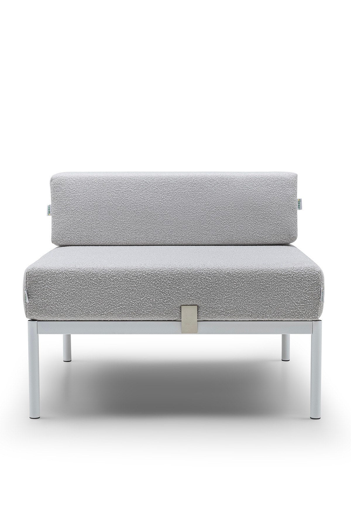 Foto eines 1-Sitzer-Moduls von Hanah Home mit Metallgestell, Metallbeinen und grauem Bouclé-Stoffbezug, Masse 90x90x46 cm.