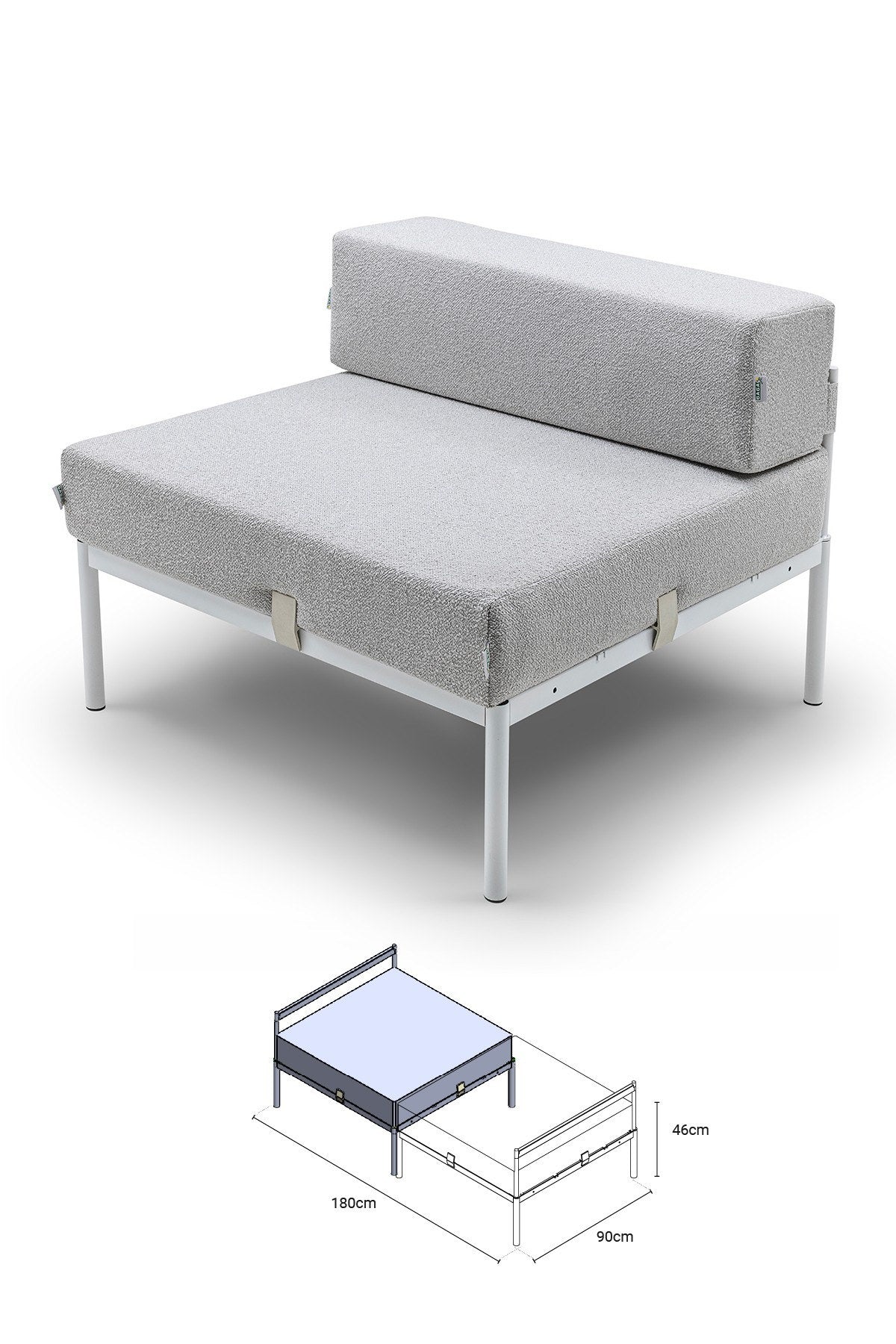 Foto eines 1-Sitzer-Moduls von Hanah Home mit Metallgestell, Metallbeinen und grauem Bouclé-Stoffbezug, Masse 90x90x46 cm.
