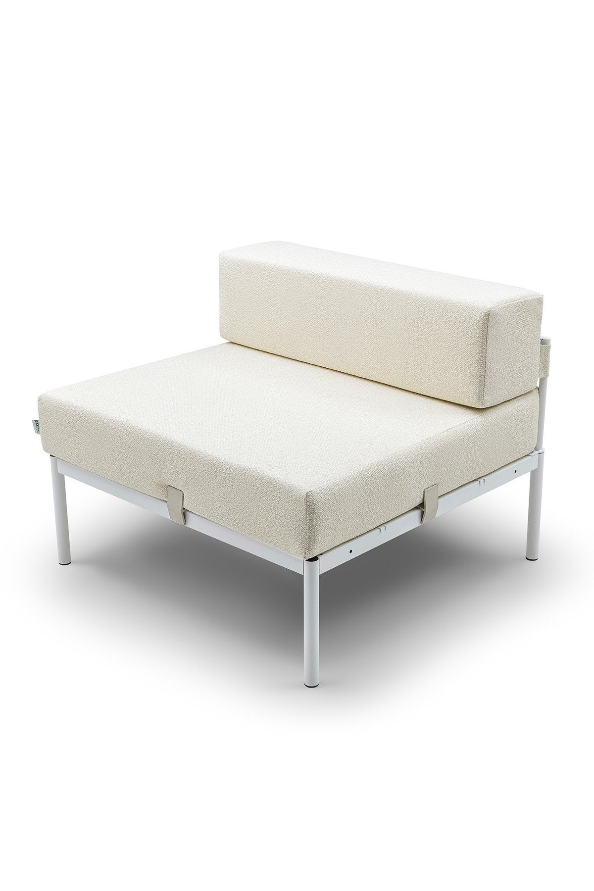 Einzelnes 1-Sitzer-Sofamodul mit Bouclé-Stoffbezug in Weiss/Creme, Metallgestell und Metallbeinen, Sitzhöhe 46 cm, verstellbare Rückenlehne.
