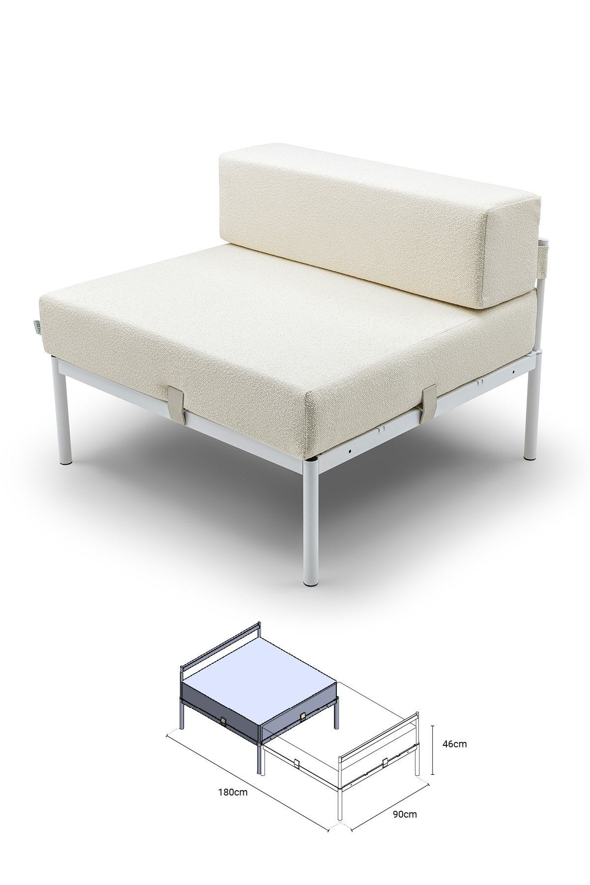 Einzelnes 1-Sitzer-Sofamodul mit Bouclé-Stoffbezug in Weiss/Creme, Metallgestell und Metallbeinen, Sitzhöhe 46 cm, verstellbare Rückenlehne.