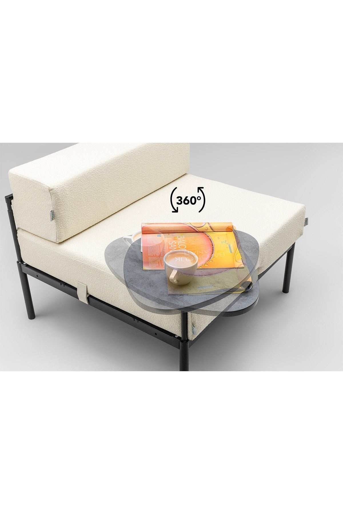 1-Sitzer-Modul von Hanah Home in Schwarz/Creme mit Bouclé-Stoffbezug, Metallgestell, Metallbeinen und gepolsterter Rückenlehne im Wohnraum.