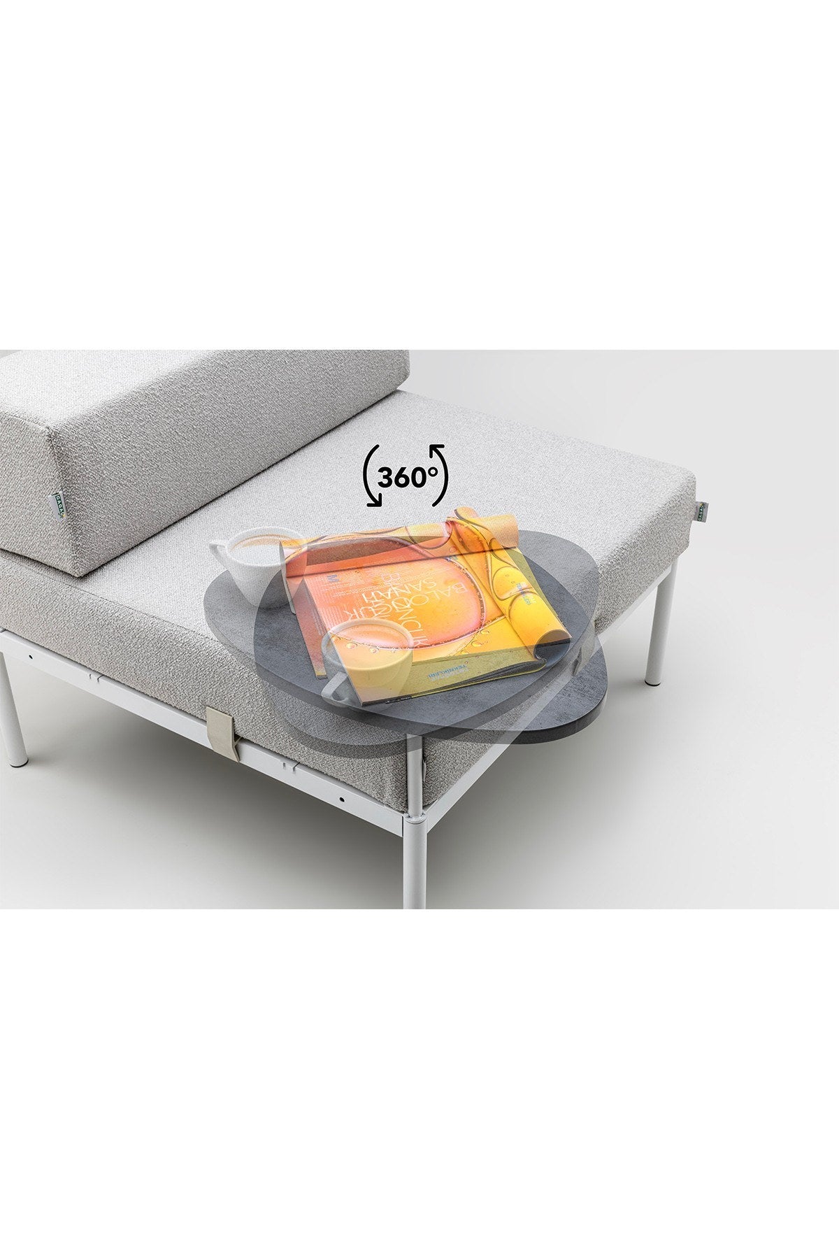 Einzelnes Sofa-Modul mit Beistelltisch in Weiss/Grau, Bouclé-Stoff, Metallbeine, gepolsterte Sitzfläche und Rückenlehne aus Flex-Schaumstoff.