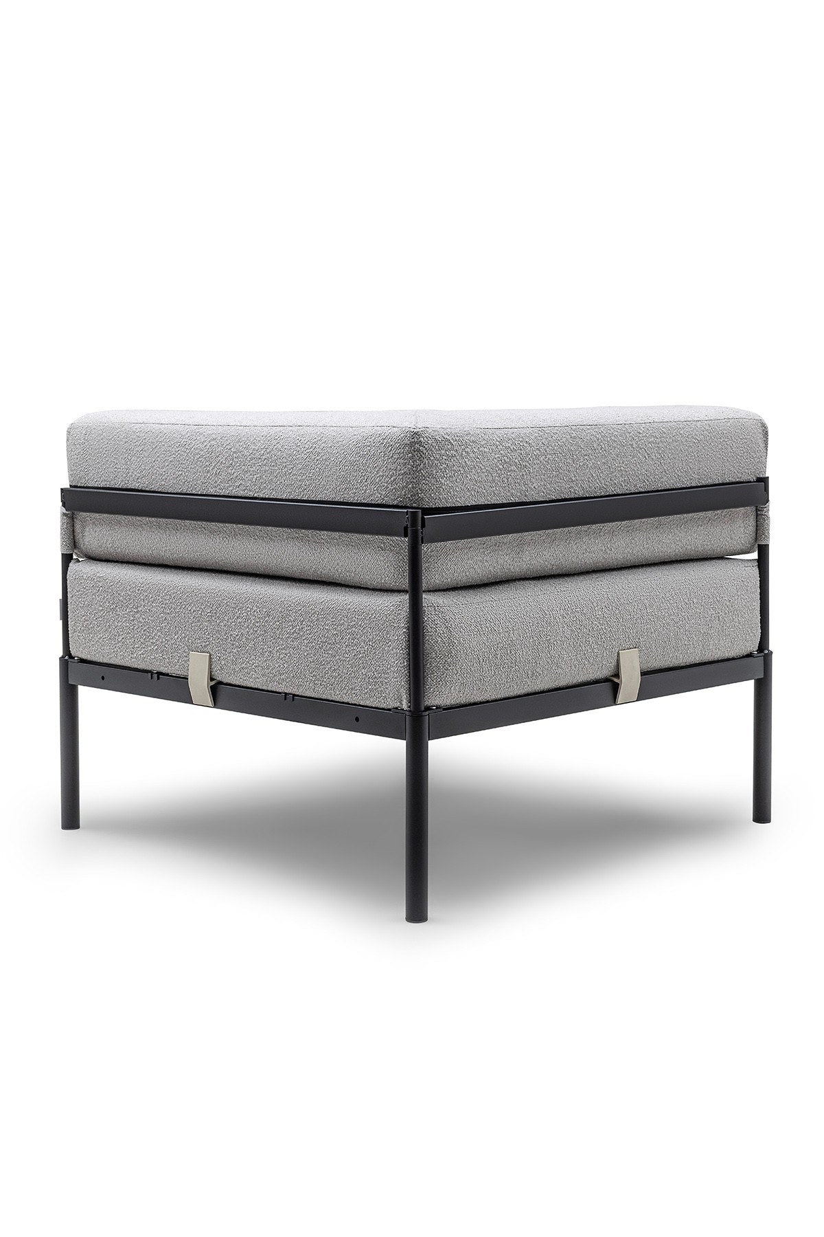 Eckmodul in Schwarz/Grau von Hanah Home mit Bouclé-Stoff-Bezug, Metallbeinen und gepolsterter Sitzfläche für ein Ecksofa.