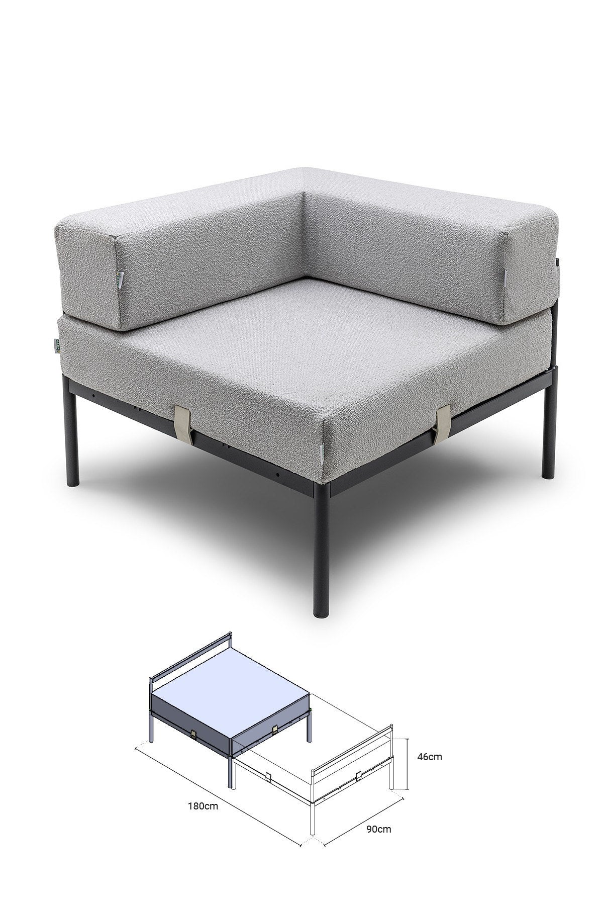 Eckmodul in Schwarz/Grau von Hanah Home mit Bouclé-Stoff-Bezug, Metallbeinen und gepolsterter Sitzfläche für ein Ecksofa.