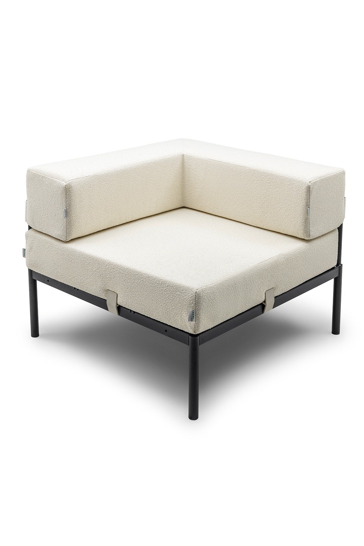 Eckmodul in Schwarz und Creme von Hanah Home mit Bouclé-Stoff, Metallgestell und verstellbarer Rückenlehne, Seitenansicht des Sitzmöbels.