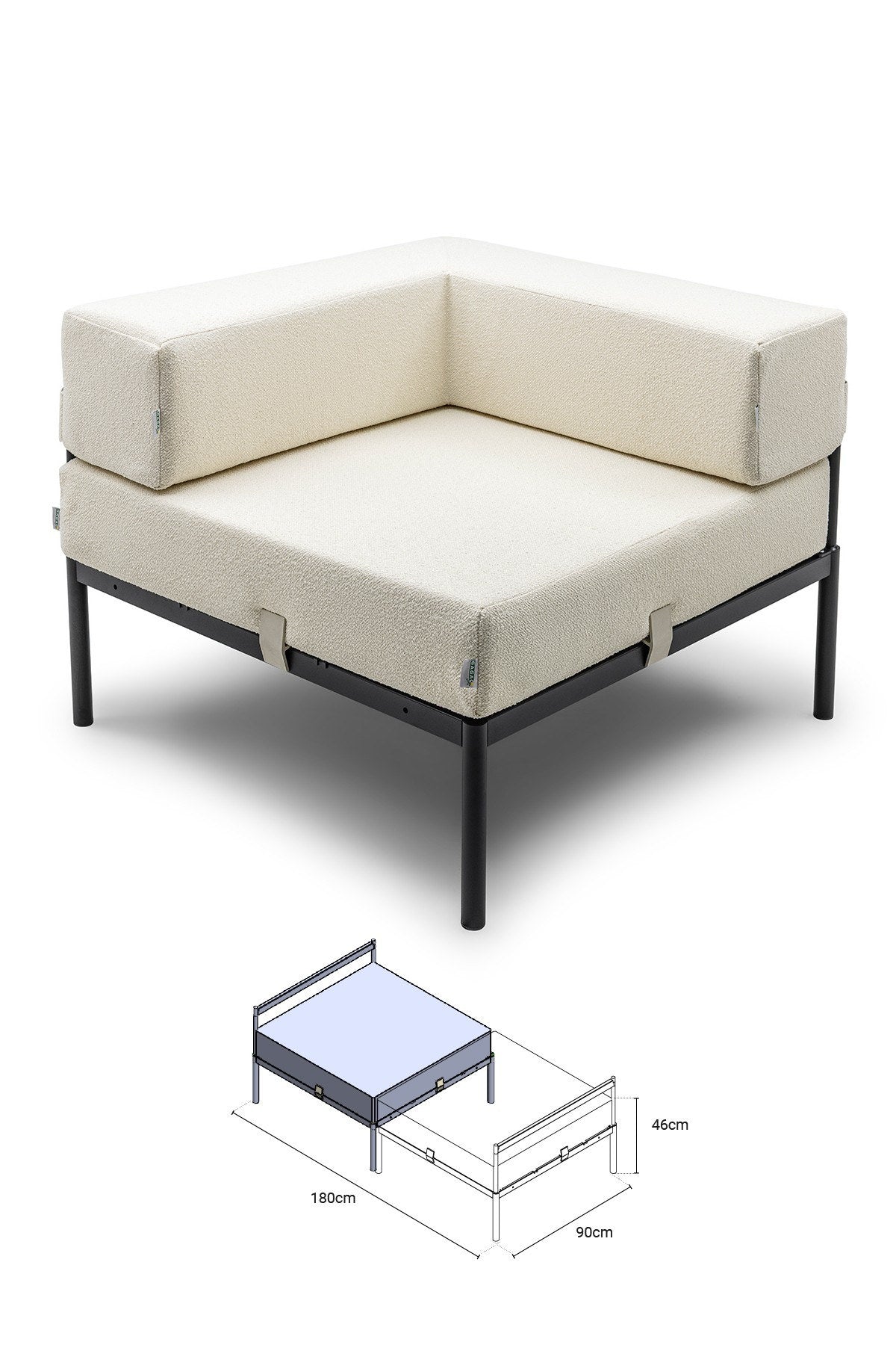 Eckmodul in Schwarz und Creme von Hanah Home mit Bouclé-Stoff, Metallgestell und verstellbarer Rückenlehne, Seitenansicht des Sitzmöbels.