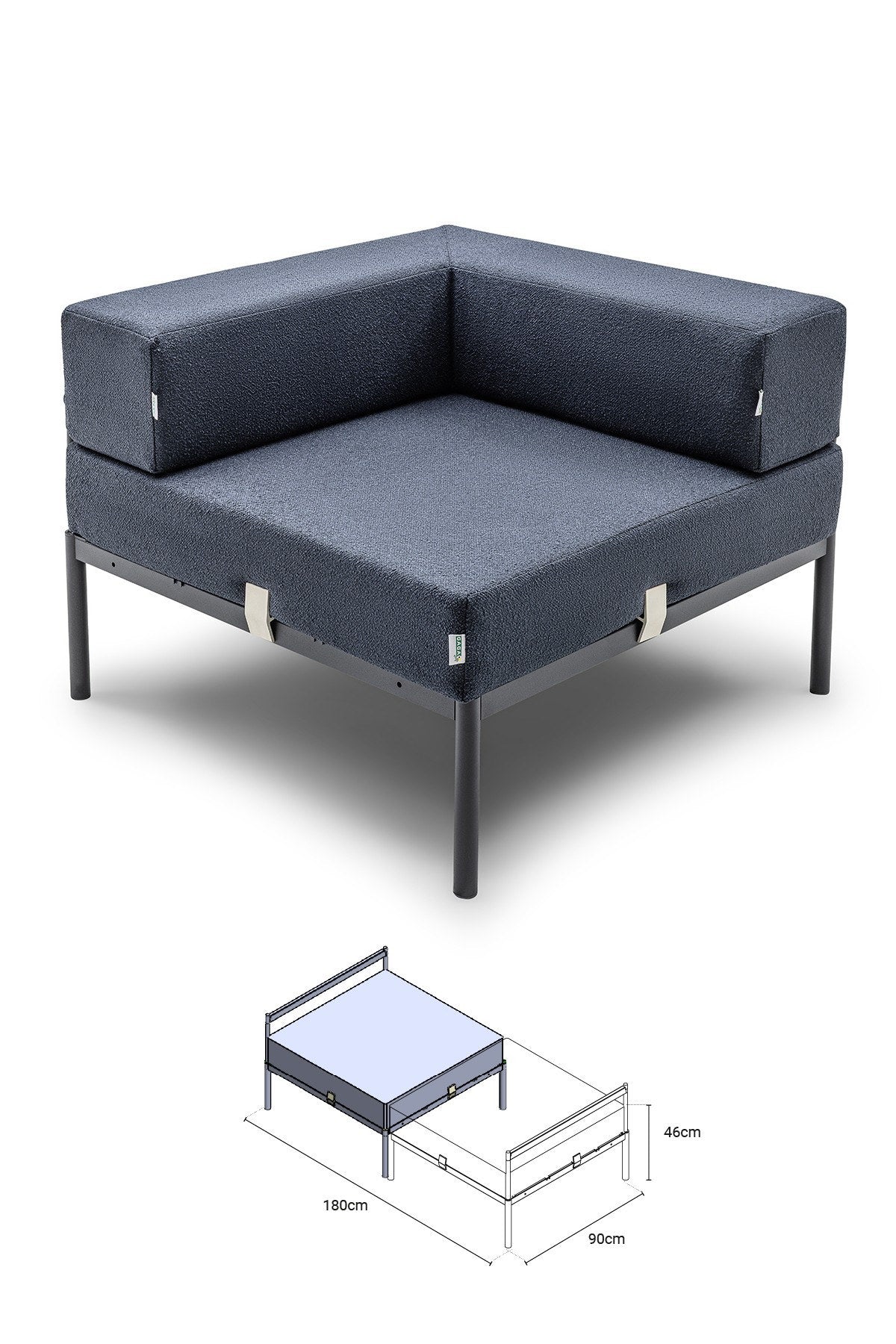 Eckmodul in Schwarz und Marineblau mit Bouclé-Stoff, Metallbeinen und gepolsterter, verstellbarer Rückenlehne, Frontalansicht.