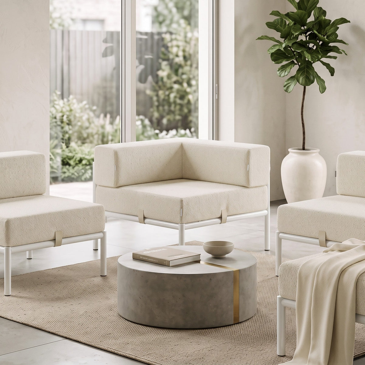 Eckmodul in Weiss/Creme von Hanah Home mit Bouclé-Stoff, Metallbeinen und verstellbarer Rückenlehne, Sitzfläche in Eckform.