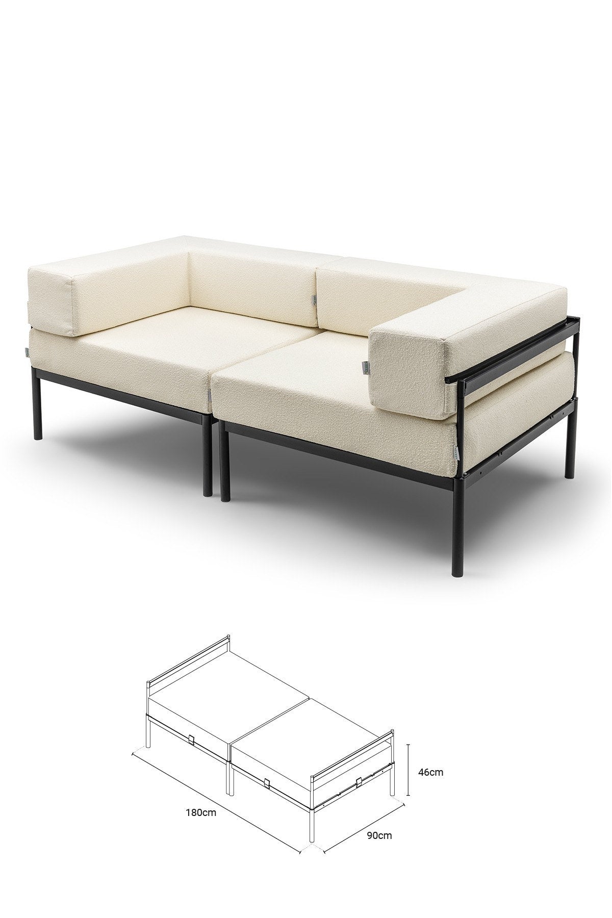 2-Sitzer-Sofa in Schwarz und Creme mit Bouclé-Stoff, Metallbeinen und abnehmbaren Sitzkissen, Breite 180 cm, Tiefe 90 cm, Höhe 46 cm.