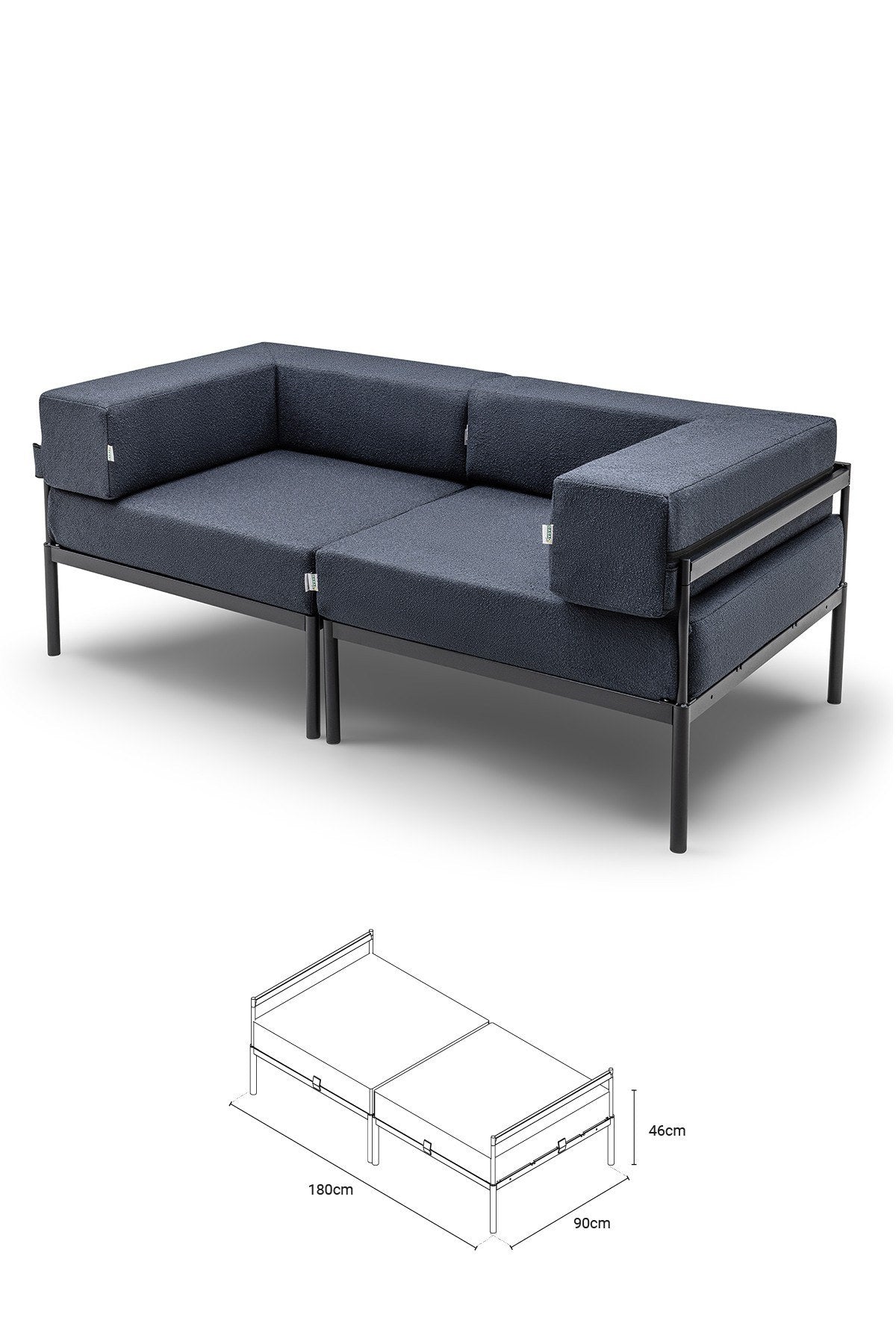 2-Sitzer-Sofa mit Metallgestell, Bouclé-Stoffbezug in Schwarz und Marineblau, Metallbeine, abnehmbare Sitzkissen, Frontalansicht.