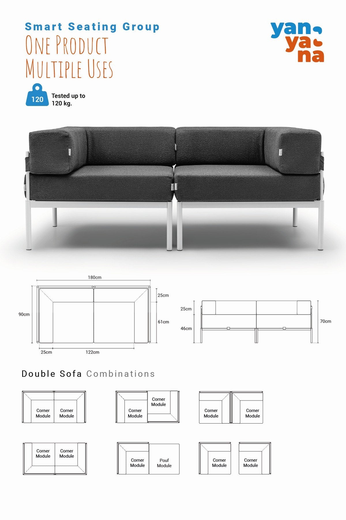 2-Sitzer-Sofa in Weiss/Creme mit Bouclé-Stoffbezug, Metallgestell und Metallbeinen, abnehmbaren Sitzkissen und verstellbarer Rückenlehne, 180 cm breit.