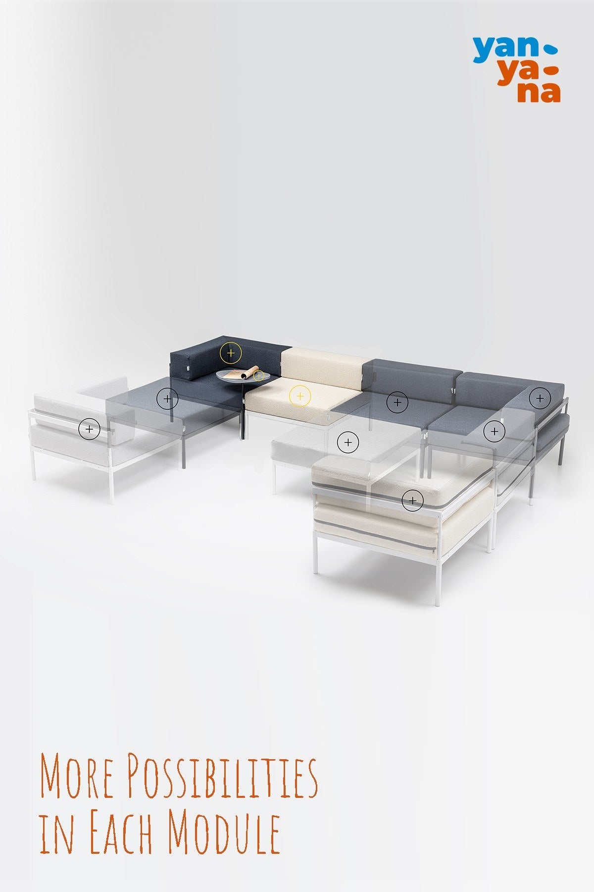 Bouclé-Stoff 3-Sitzer-Sofa in Schwarz und Creme mit Metallbeinen, verstellbarer Rückenlehne und abnehmbaren Kissen, Frontalansicht.