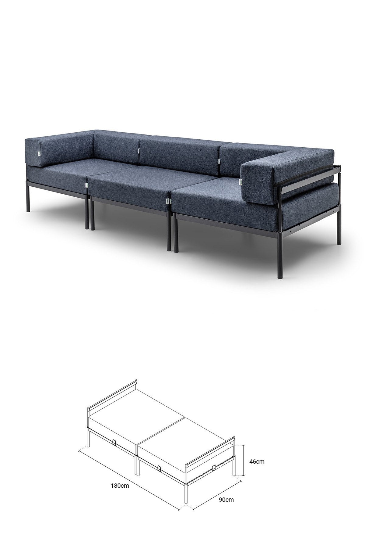 3-Sitzer-Sofa von Hanah Home in Schwarz und Marineblau aus Bouclé-Stoff mit Metallbeinen, Frontalansicht auf neutralem Hintergrund.
