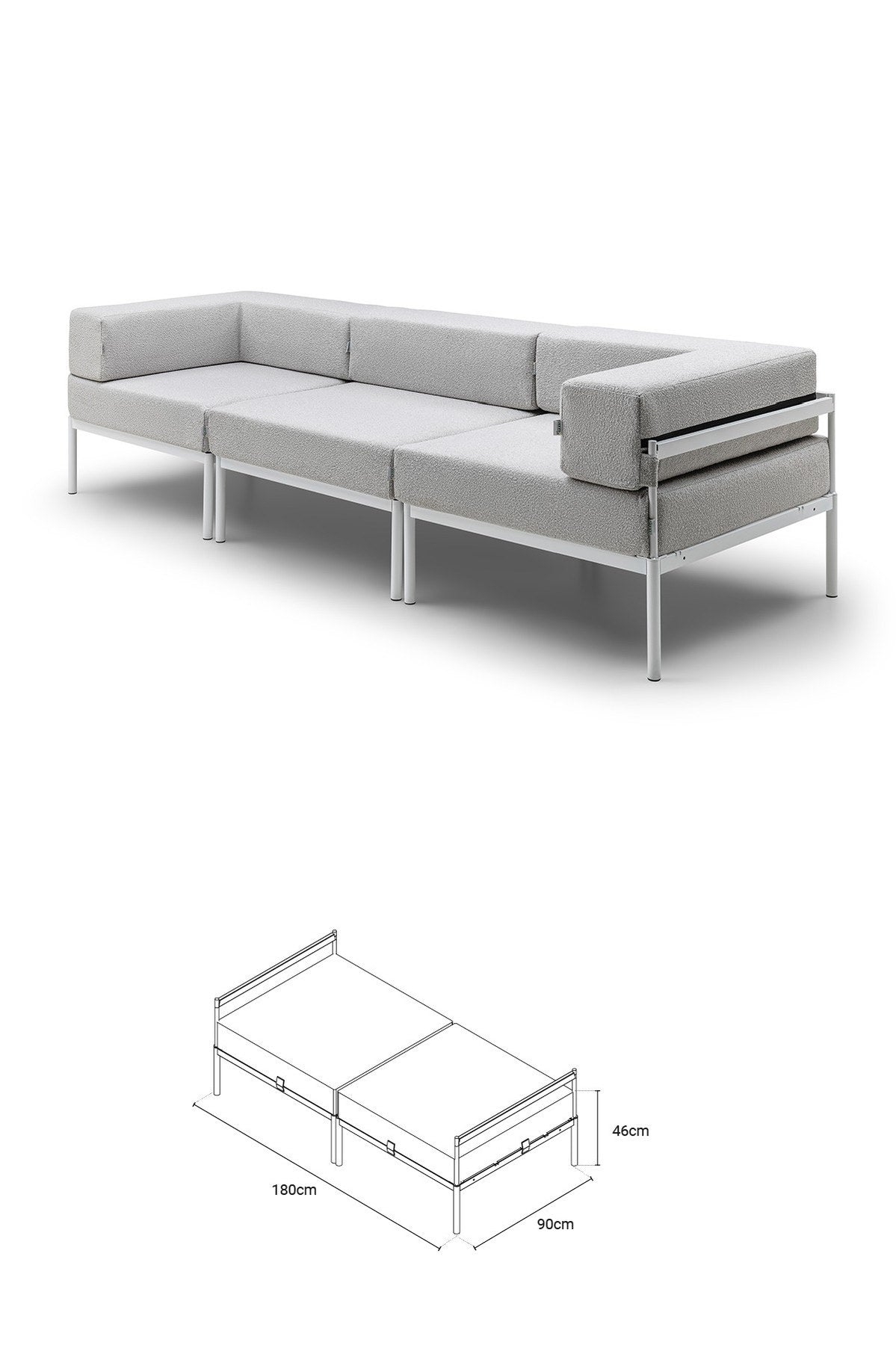 3-Sitzer-Sofa in Weiss/Grau mit Bouclé-Stoffbezug, Metallgestell und Metallbeinen, breite Sitzfläche mit gepolsterten Kissen, moderne Form.