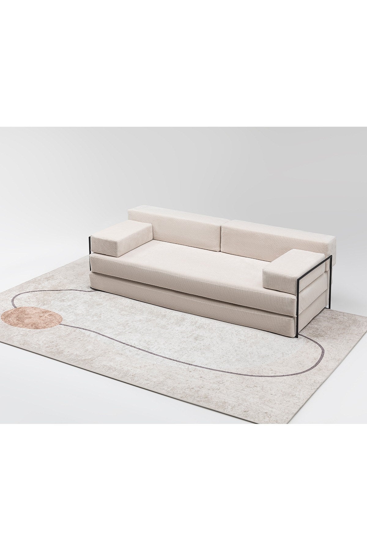 3-Sitzer-Schlafsofa in Beige von Hanah Home mit Bezug aus Venom Samt, gepolsterten Armlehnen und verstellbarer Rückenlehne.