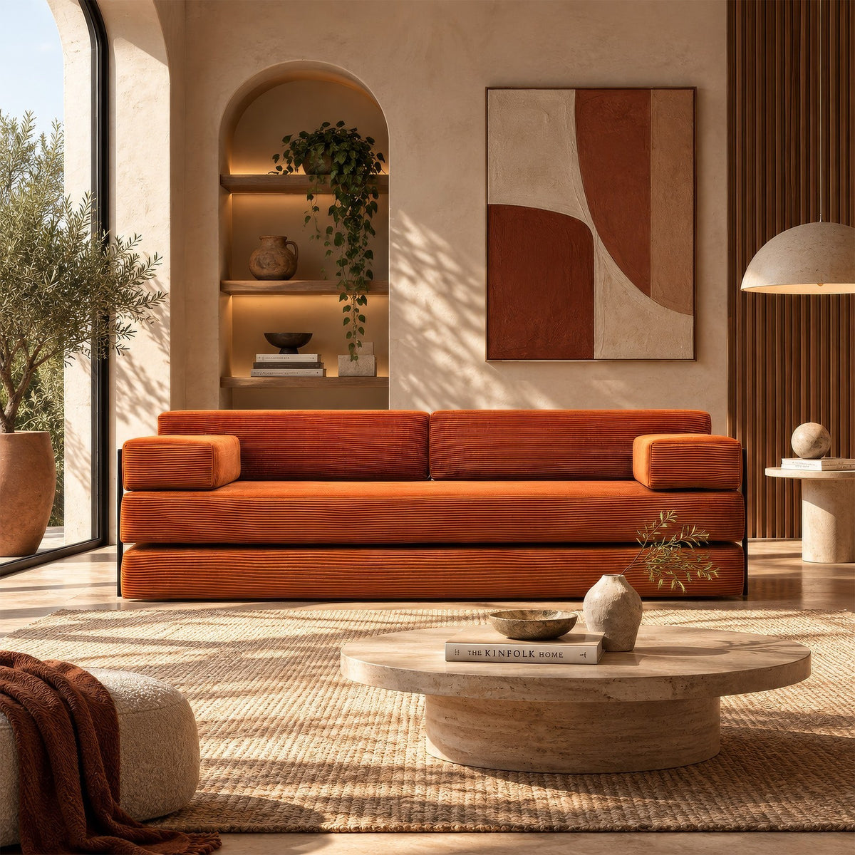 Ziegelrotes 3-Sitzer-Schlafsofa von Hanah Home aus Venom Samt, mit gepolsterter Sitzfläche, Armlehnen und verstellbarer Rückenlehne.