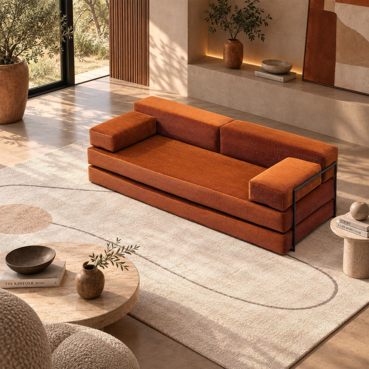 Ziegelrotes 3-Sitzer-Schlafsofa von Hanah Home aus Venom Samt, mit gepolsterter Sitzfläche, Armlehnen und verstellbarer Rückenlehne.