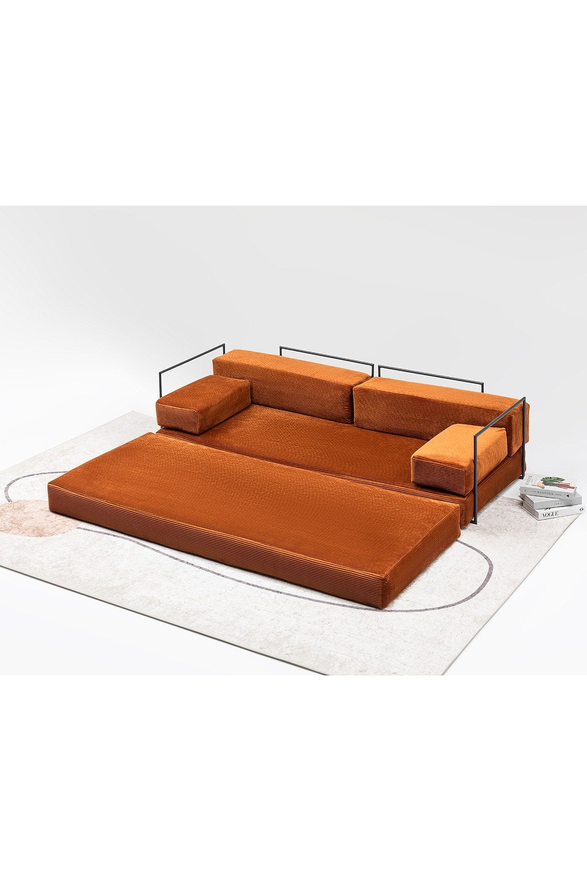 Ziegelrotes 3-Sitzer-Schlafsofa von Hanah Home aus Venom Samt, mit gepolsterter Sitzfläche, Armlehnen und verstellbarer Rückenlehne.