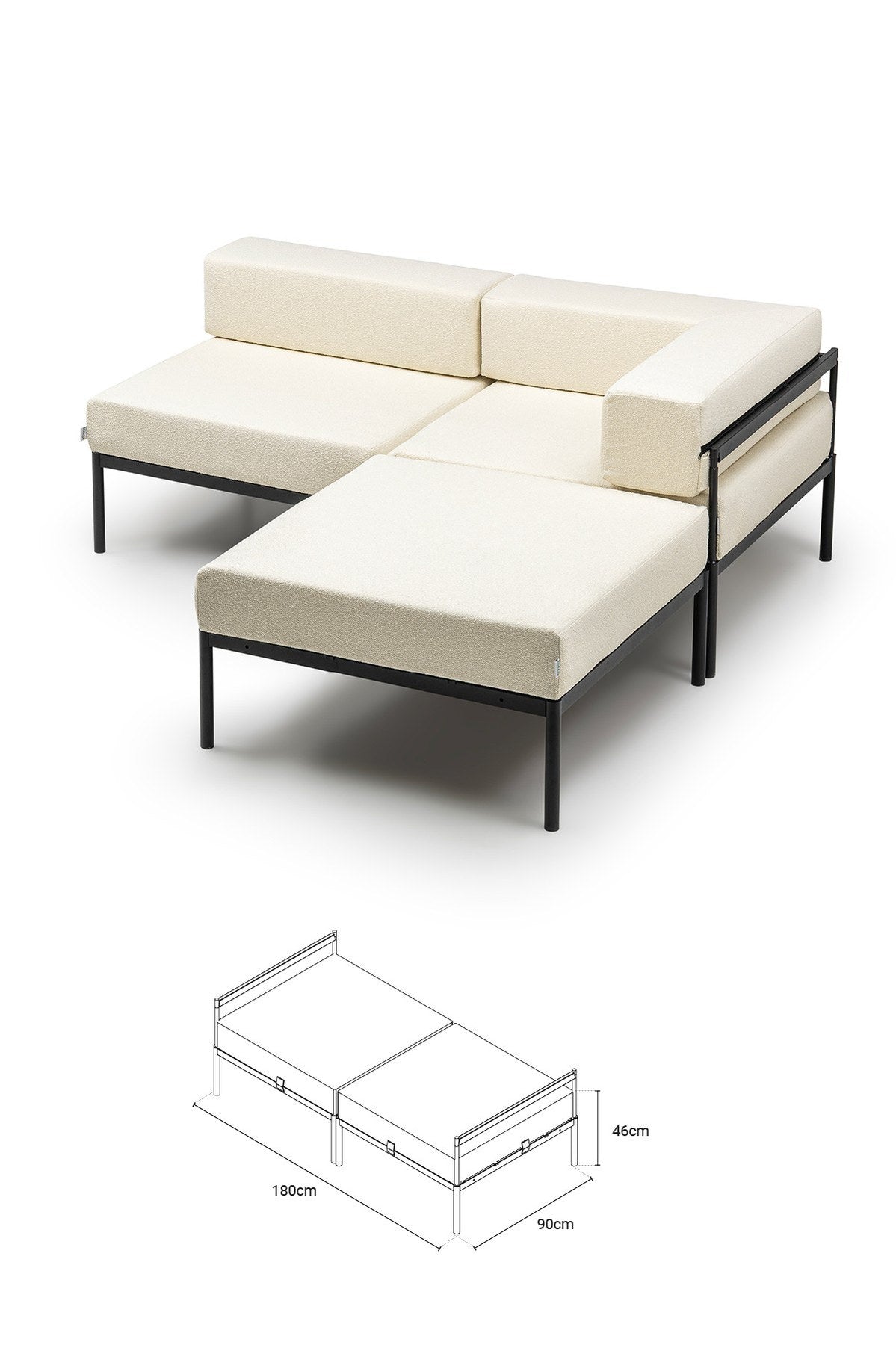 Ecksofa in Schwarz und Creme mit Bouclé-Stoff, Metallgestell und Metallbeinen, abnehmbare Sitzkissen, Grösse 180 x 180 cm.
