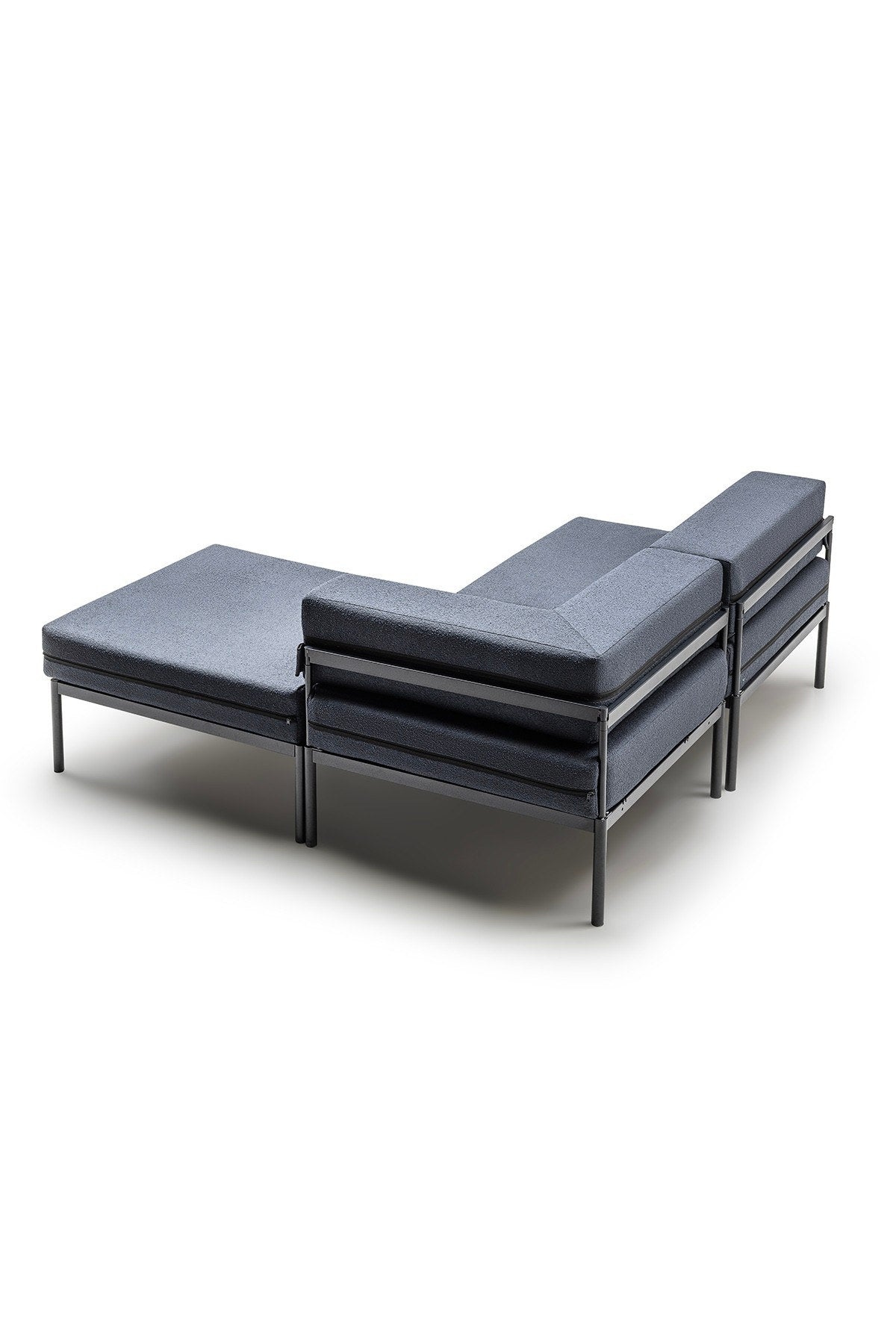 Ecksofa Corner Set 180 von Hanah Home in Schwarz und Marineblau, Bouclé-Stoff, Metallgestell mit Metallbeinen, wendbares Design.