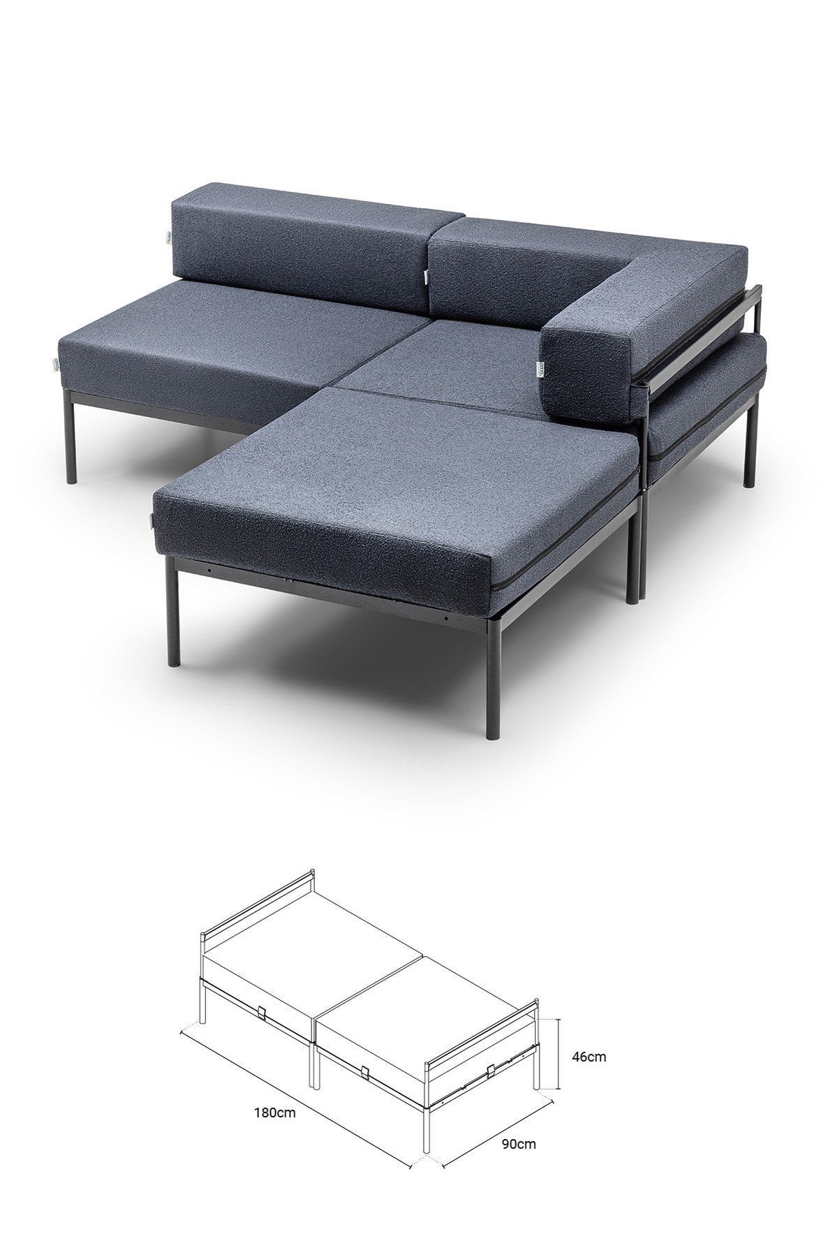 Ecksofa Corner Set 180 von Hanah Home in Schwarz und Marineblau, Bouclé-Stoff, Metallgestell mit Metallbeinen, wendbares Design.