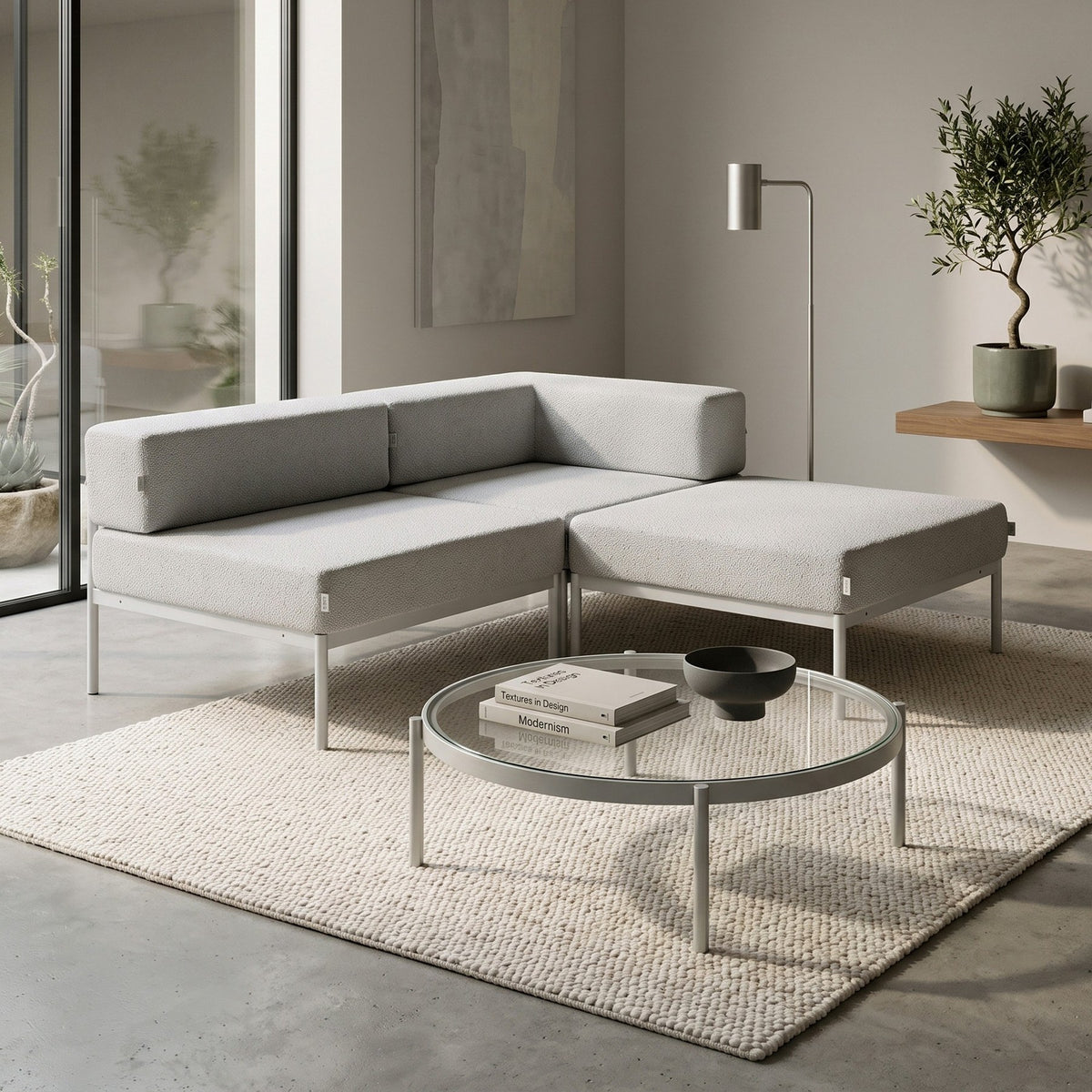 Ecksofa Corner Set 180 in Weiss und Grau mit Bouclé-Stoff, Metallbeinen und verstellbarer Rückenlehne, Ansicht von vorne