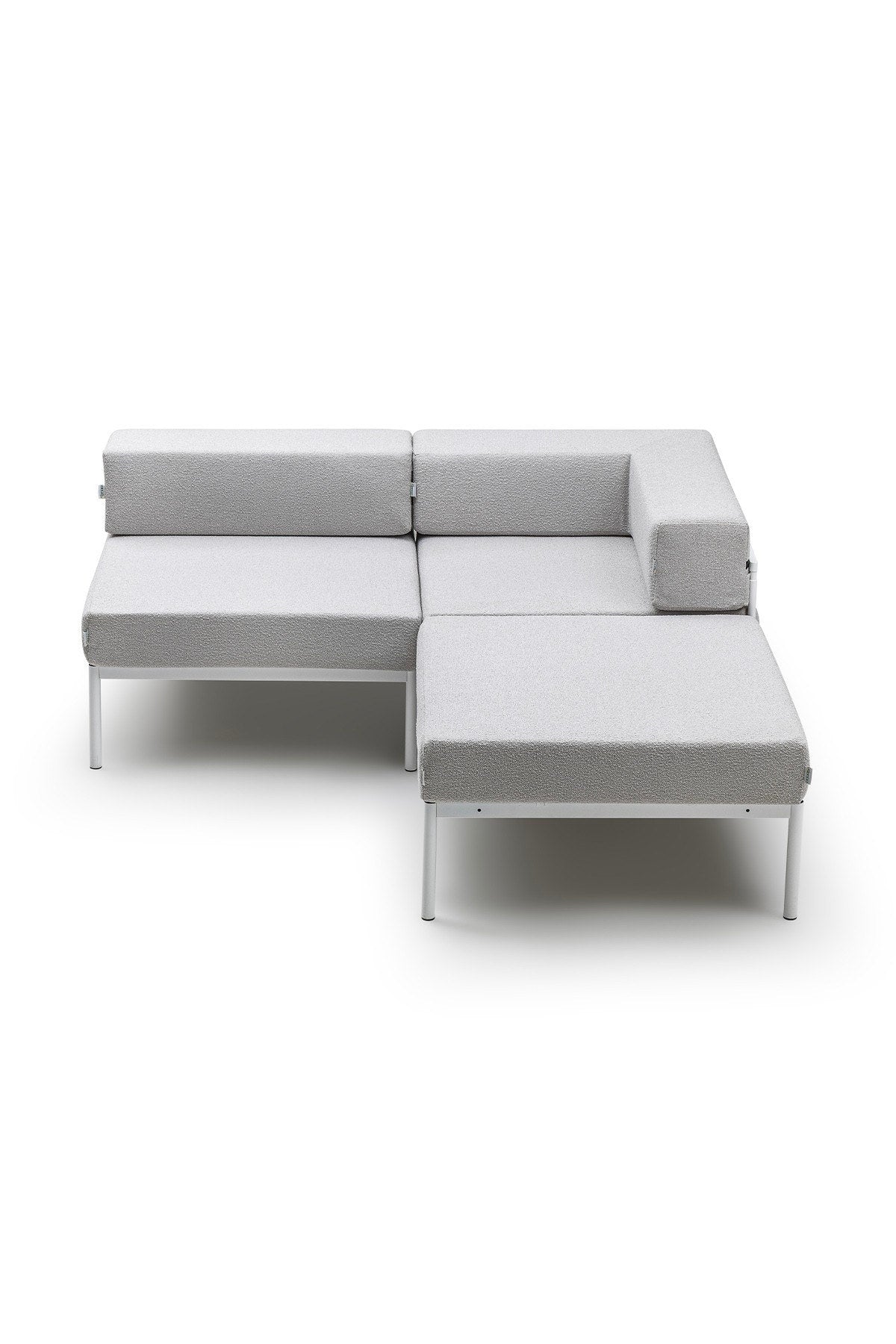 Ecksofa Corner Set 180 in Weiss und Grau mit Bouclé-Stoff, Metallbeinen und verstellbarer Rückenlehne, Ansicht von vorne