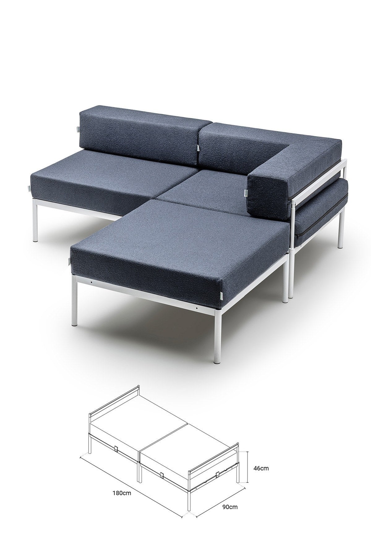 Ecksofa Corner Set 180 von Hanah Home in Weiss und Marineblau, Bouclé-Stoff, Metallgestell mit Metallbeinen, verstellbare Rückenlehne, Wohnzimmer-Ansicht.