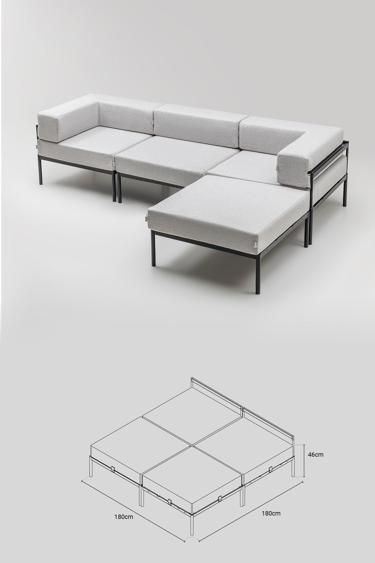 Ecksofa Corner Set 270 von Hanah Home in Schwarz und Grau, Bouclé-Stoff, Metallbeine, breite Sitzfläche und Rückenlehne.