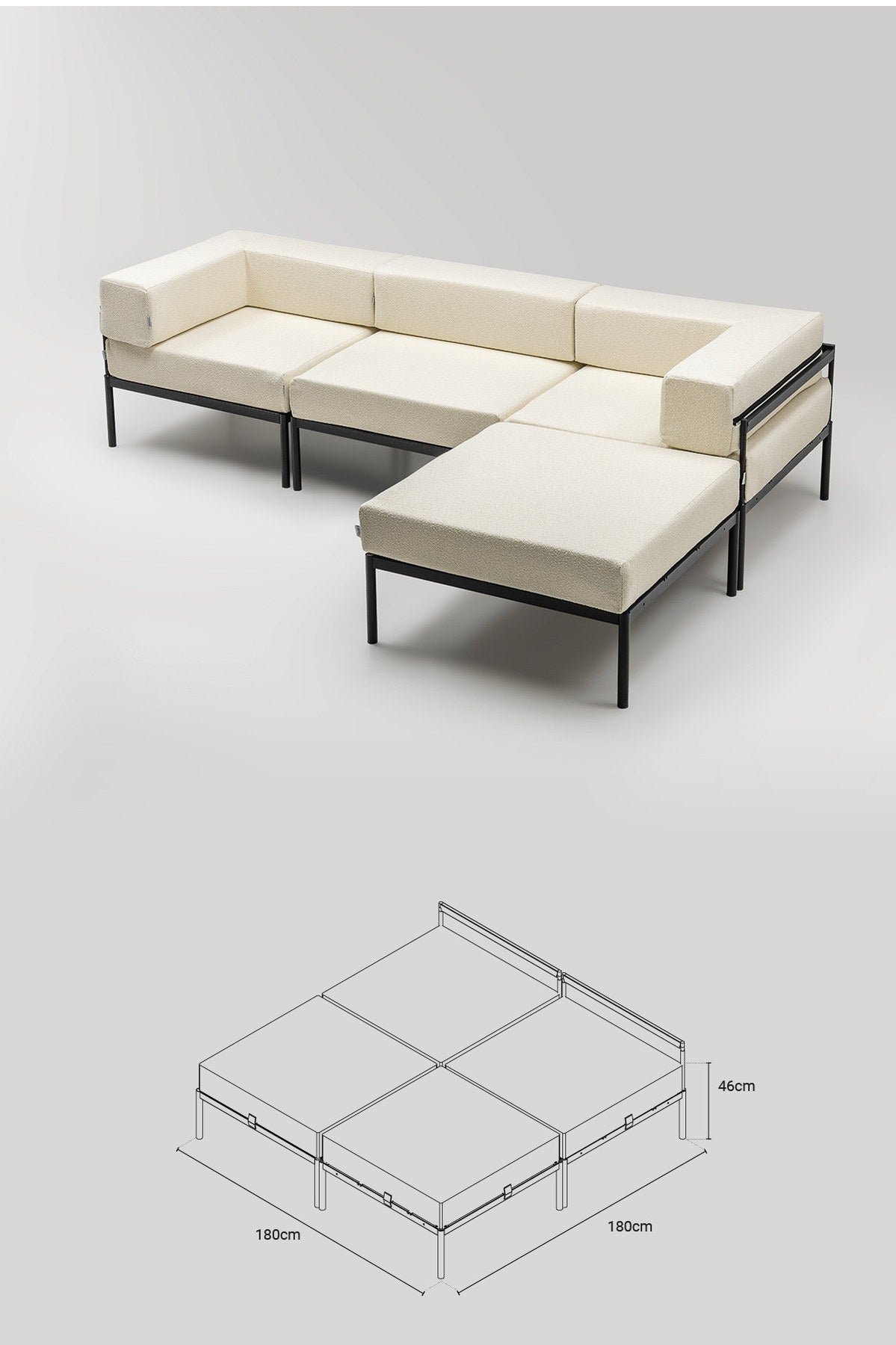 Ecksofa Corner Set 270 von Hanah Home in Schwarz und Creme, Bouclé-Stoffbezug, Metallbeine, verstellbare Rückenlehne und abnehmbare Sitzkissen.