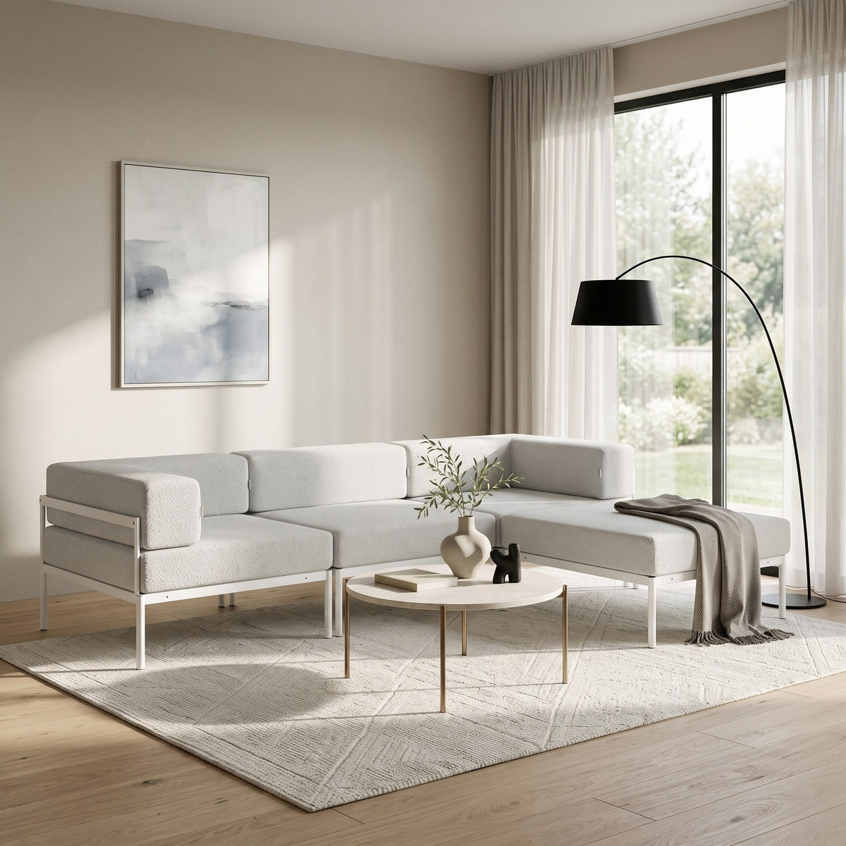 Ecksofa Corner Set 270 in Weiss und Grau mit Bouclé-Stoffbezug, Metallgestell und Metallbeinen, wendbares Design