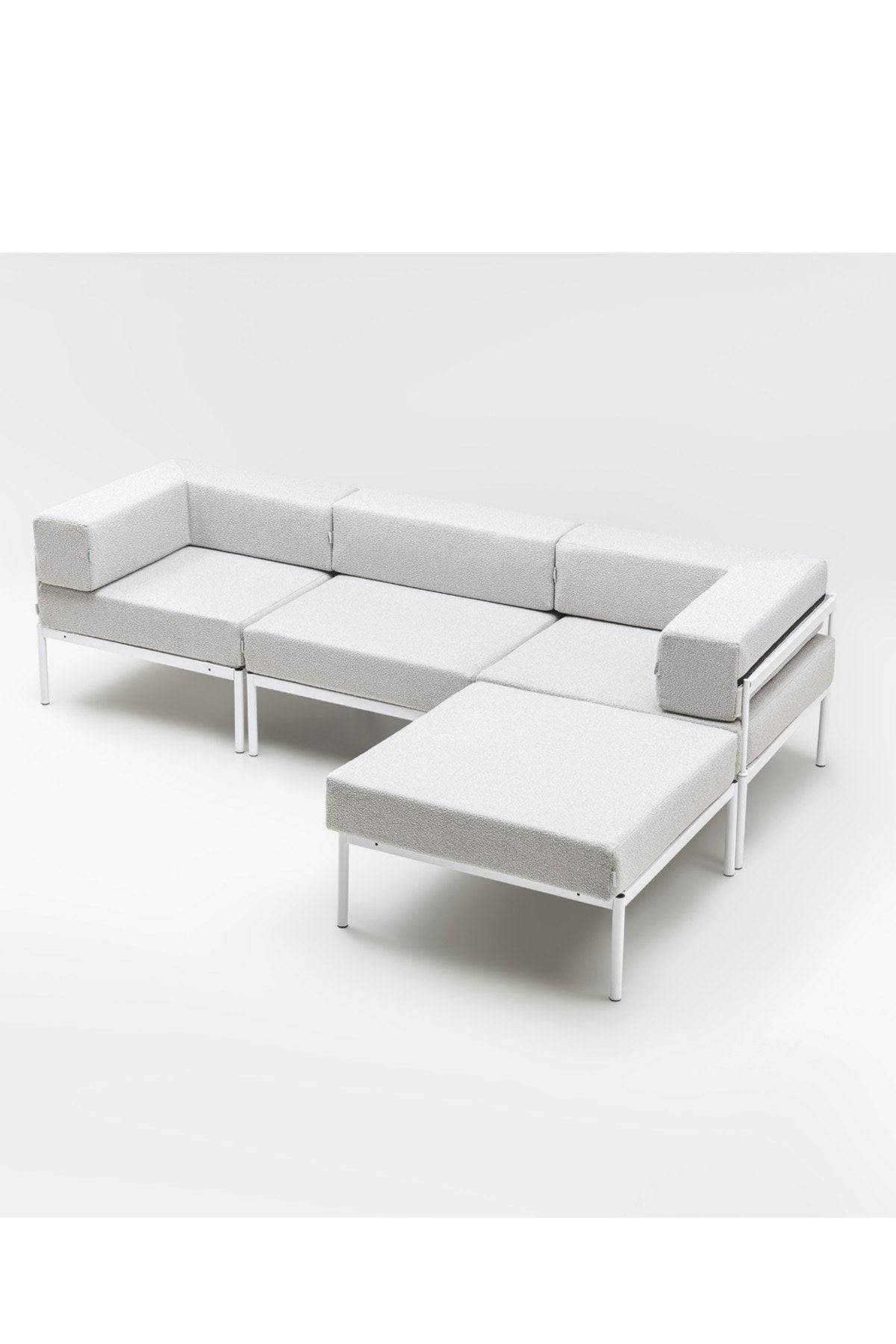 Ecksofa Corner Set 270 in Weiss und Grau mit Bouclé-Stoffbezug, Metallgestell und Metallbeinen, wendbares Design