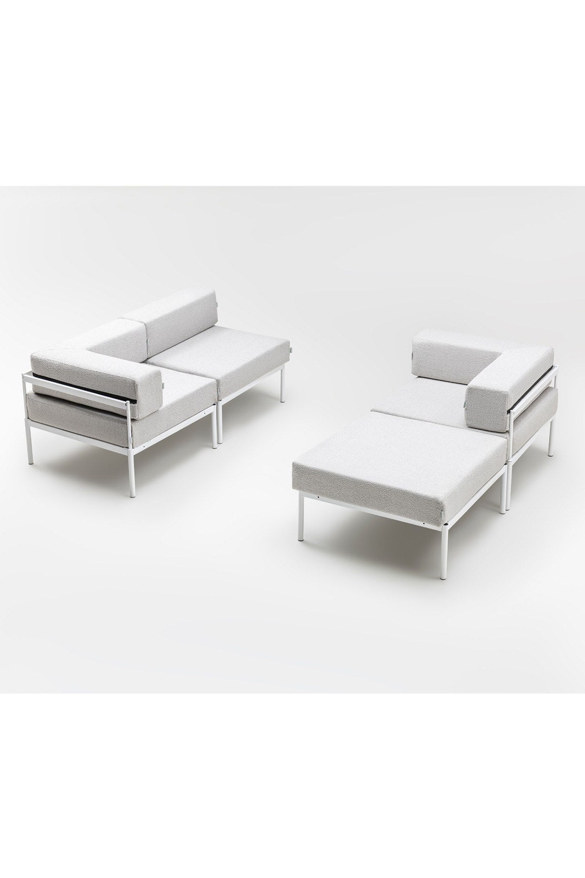 Ecksofa Corner Set 270 in Weiss und Grau mit Bouclé-Stoffbezug, Metallgestell und Metallbeinen, wendbares Design