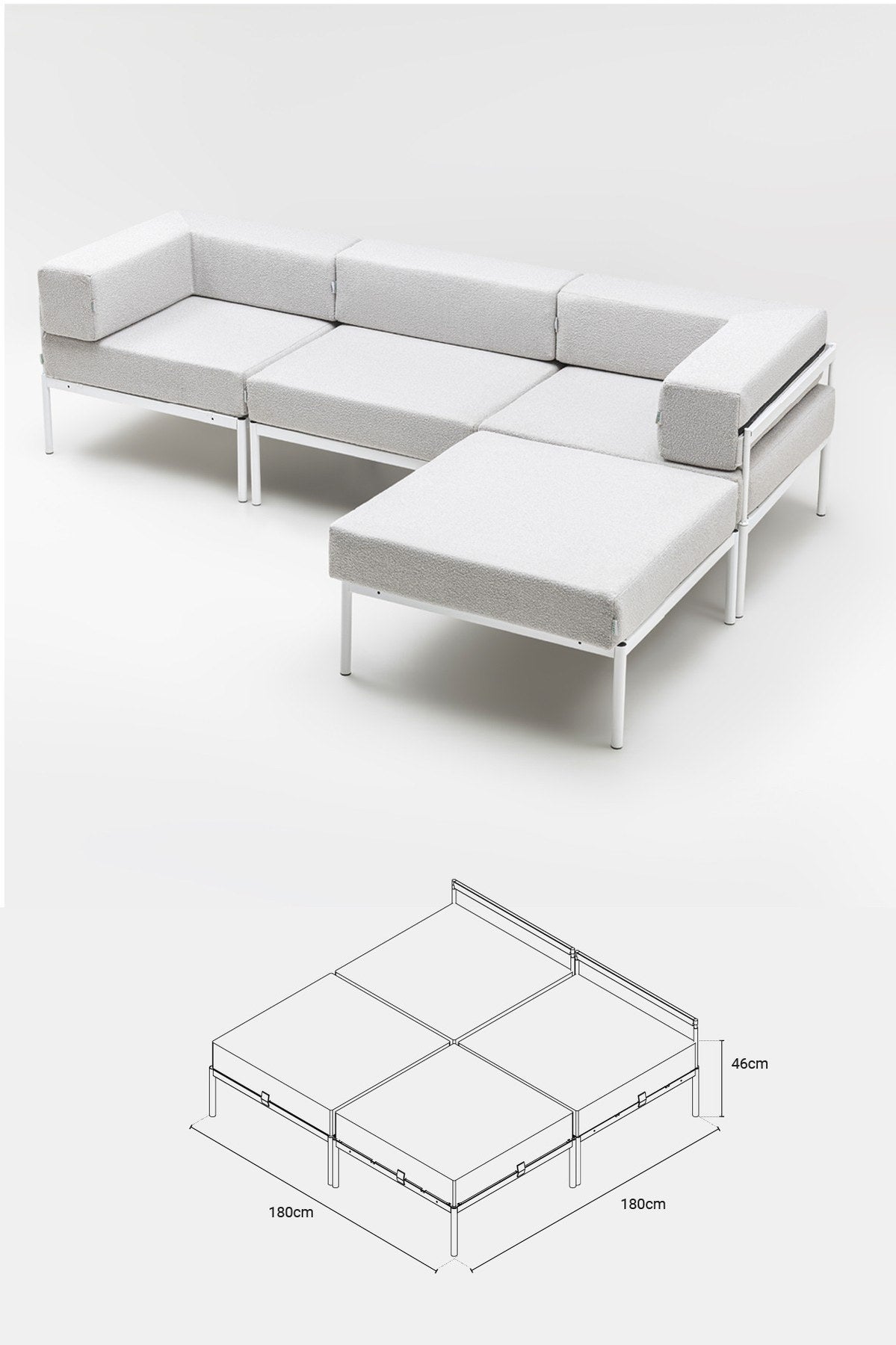 Ecksofa Corner Set 270 in Weiss und Grau mit Bouclé-Stoffbezug, Metallgestell und Metallbeinen, wendbares Design