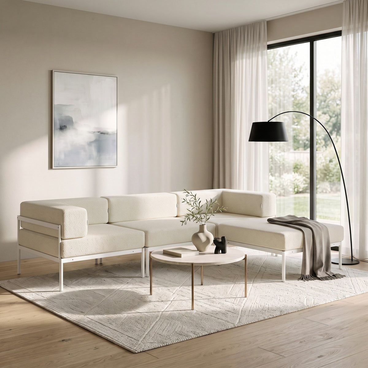 Ecksofa Corner Set 270 von Hanah Home in Weiss/Creme, Bouclé-Stoff, Metallbeine, wendbares Design mit verstellbarer Rückenlehne.