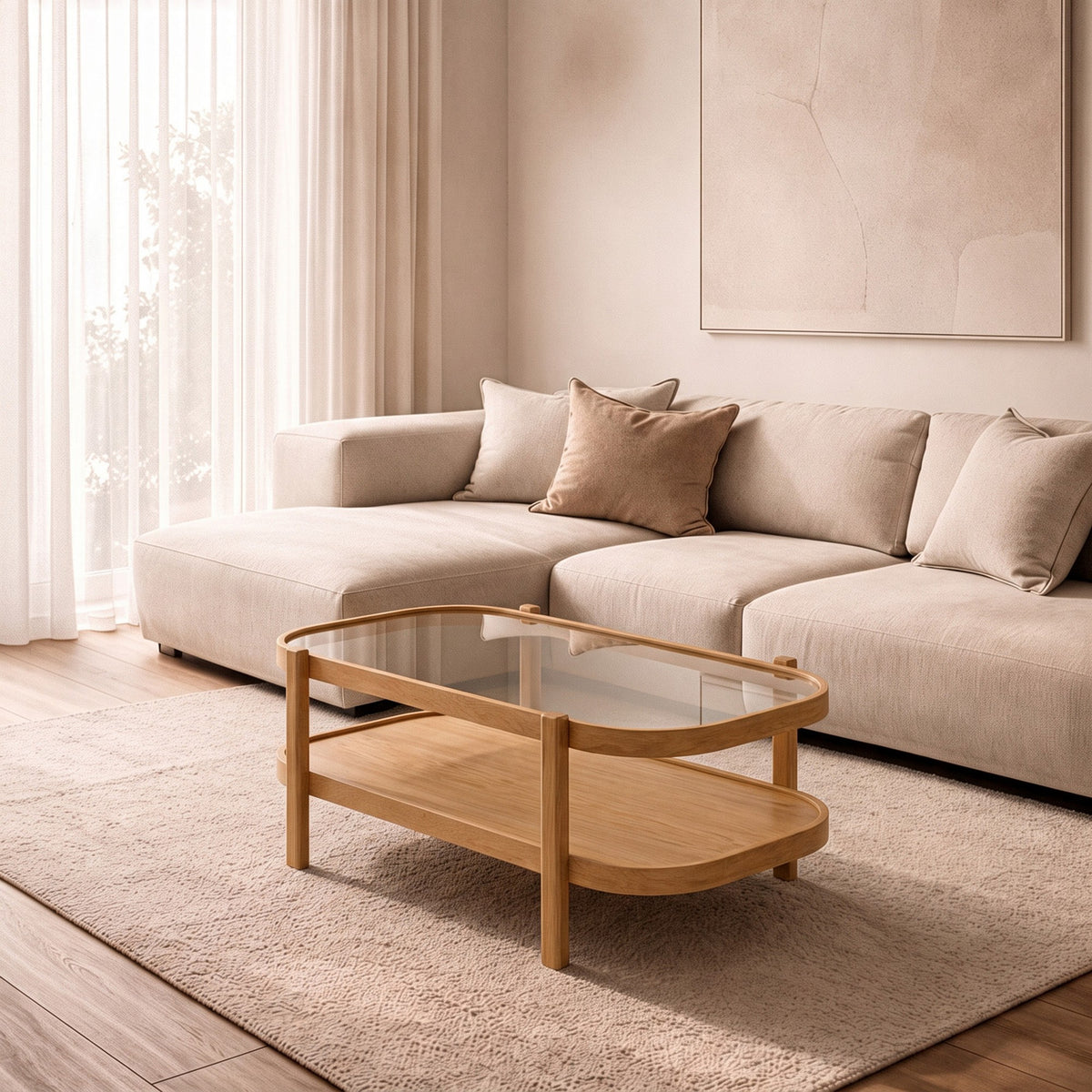 Couchtisch Togg 110 von Hanah Home mit Gestell aus massivem Eichenholz, Glasplatte und Unterboden aus holzbeschichtetem MDF.