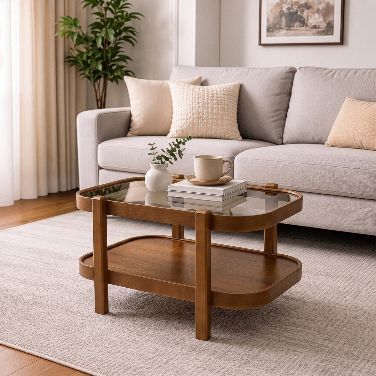 Couchtisch Togg 70 von Hanah Home in Nussbaum mit Gestell aus massivem Buchenholz und Tischplatte aus gehärtetem Glas, Masse 70x50x40 cm.